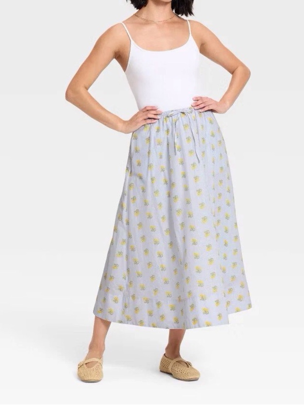 Light Blue Maxi Skirt with Yellow Floral Print